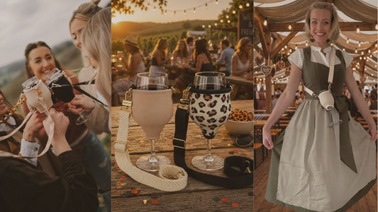 BEVIN Liberté Weinfest Guide: Frauen stoßen mit Weingläsern in Weinglashaltern an, Nahaufnahme von zwei VINHOLDER Weinglashaltern in Creme und Leo-Print, Frau im Dirndl mit Weinglashalter auf dem Oktoberfest