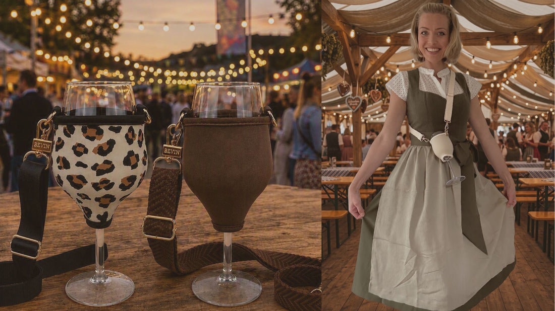 Zwei VINHOLDER Weinglashalter in Leo-Print und Braun auf einem Weinfest bei Sonnenuntergang, Frau im Dirndl mit BEVIN Liberté Weinglashalter auf dem Oktoberfest
