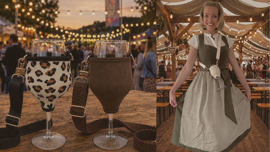 Zwei VINHOLDER Weinglashalter in Leo-Print und Braun auf einem Weinfest bei Sonnenuntergang, Frau im Dirndl mit BEVIN Liberté Weinglashalter auf dem Oktoberfest
